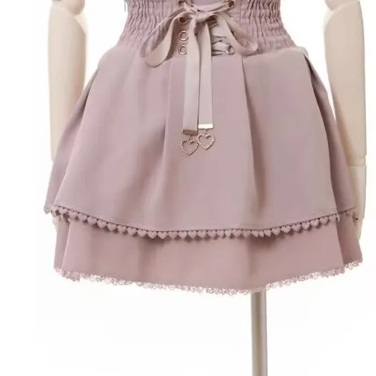 korean style Kawaii Cake Pink Mini Skirts Women Bandage Lolita High Waist Y2k Aesthetic Sweet Lace Gothic JK Faldas Black Skirt