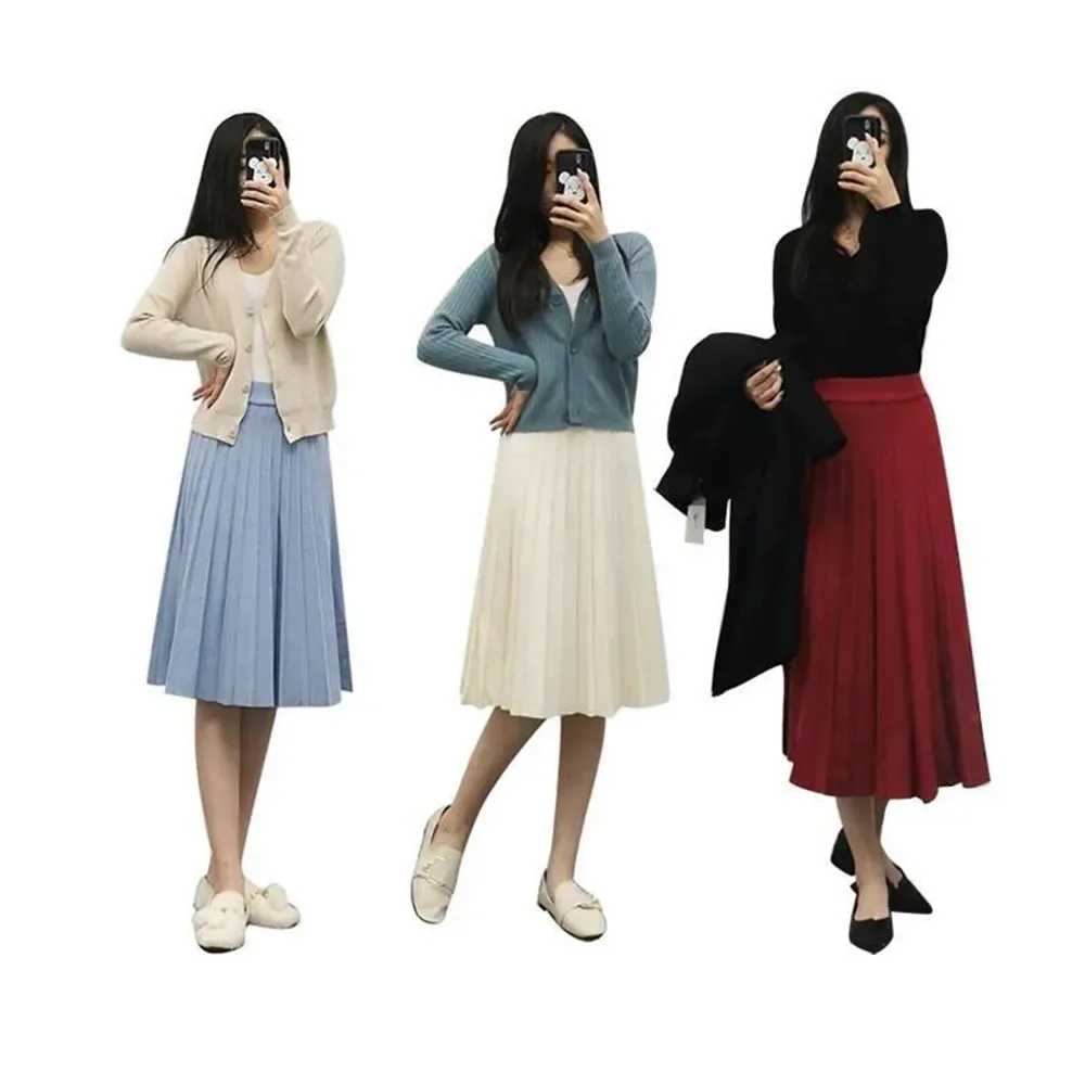 Women Knitted Midi Skirt Elegant Black A-Line High Waist Pleated Long Skirt Korean 2024 Spring Autumn Winter Faldas Femme Jupes