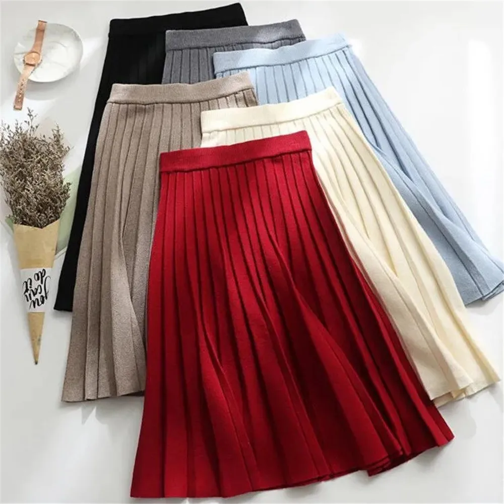 Women Knitted Midi Skirt Elegant Black A-Line High Waist Pleated Long Skirt Korean 2024 Spring Autumn Winter Faldas Femme Jupes