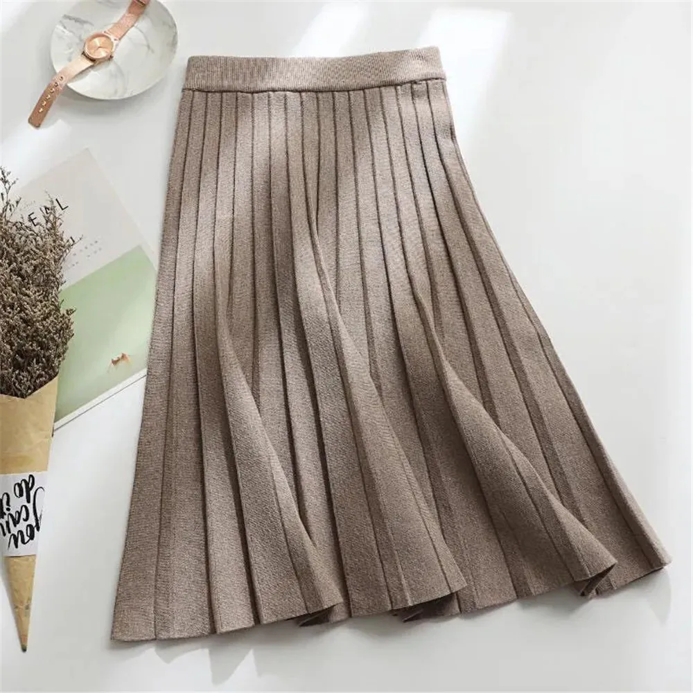 Women Knitted Midi Skirt Elegant Black A-Line High Waist Pleated Long Skirt Korean 2024 Spring Autumn Winter Faldas Femme Jupes