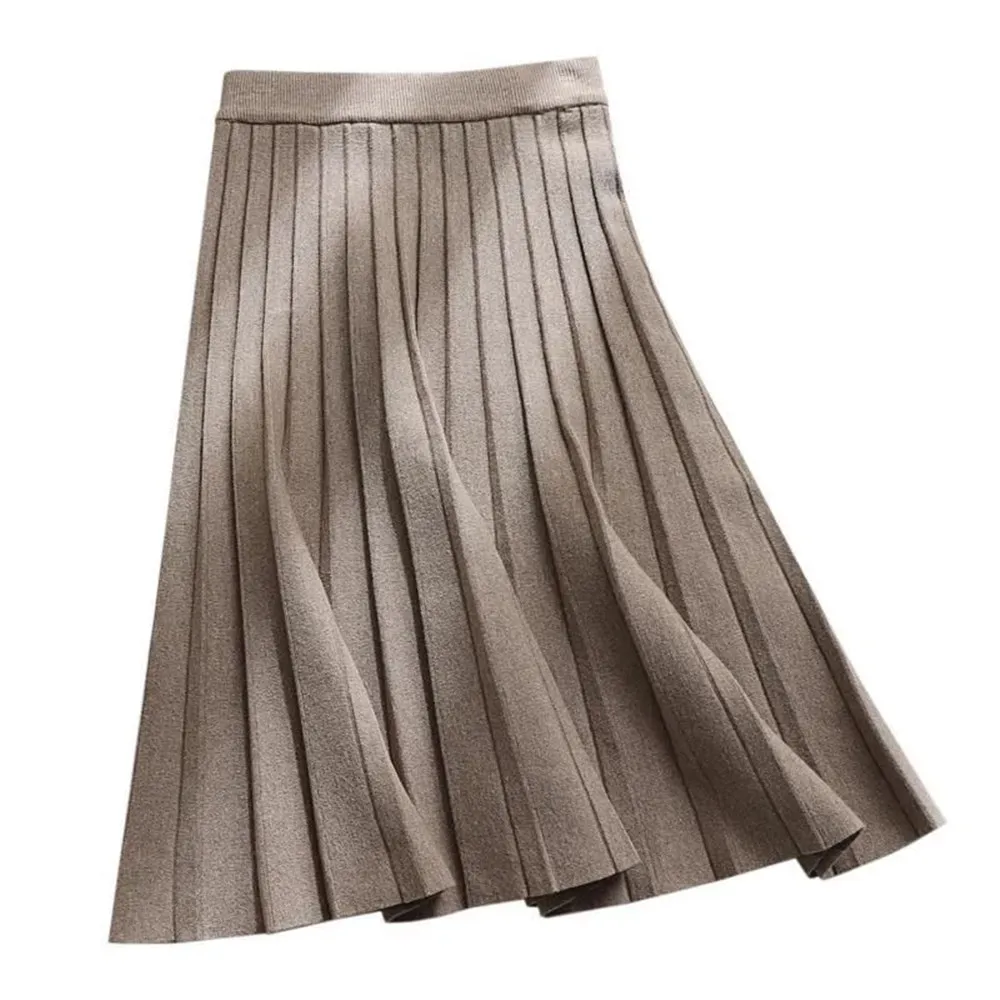 Women Knitted Midi Skirt Elegant Black A-Line High Waist Pleated Long Skirt Korean 2024 Spring Autumn Winter Faldas Femme Jupes