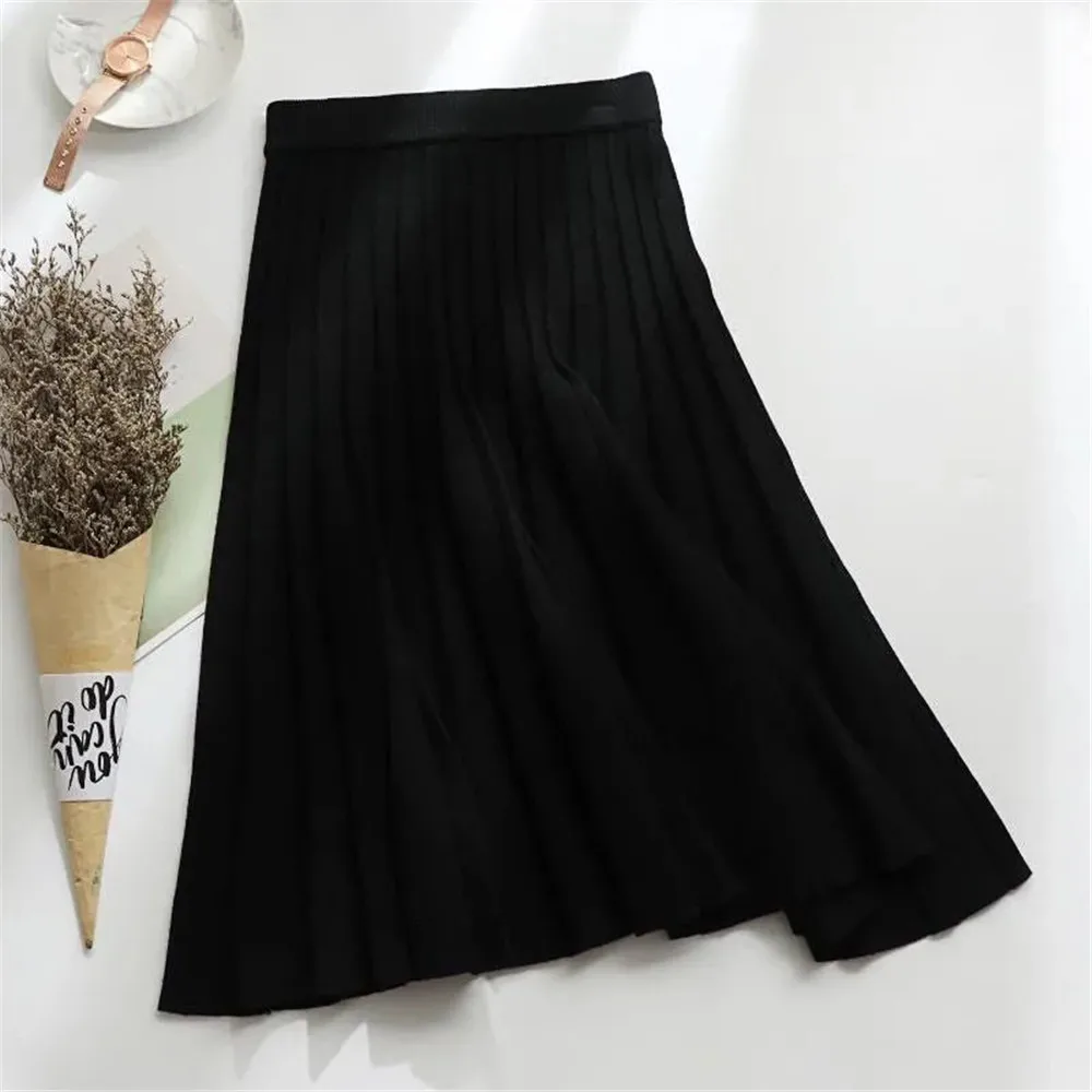 Women Knitted Midi Skirt Elegant Black A-Line High Waist Pleated Long Skirt Korean 2024 Spring Autumn Winter Faldas Femme Jupes