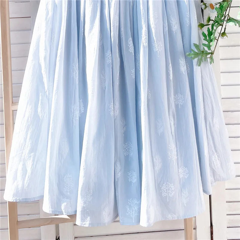 Cotton Linen Blue Midi Pleated Skirt, Fashion Print Skirts For Woman 2026 Summer
