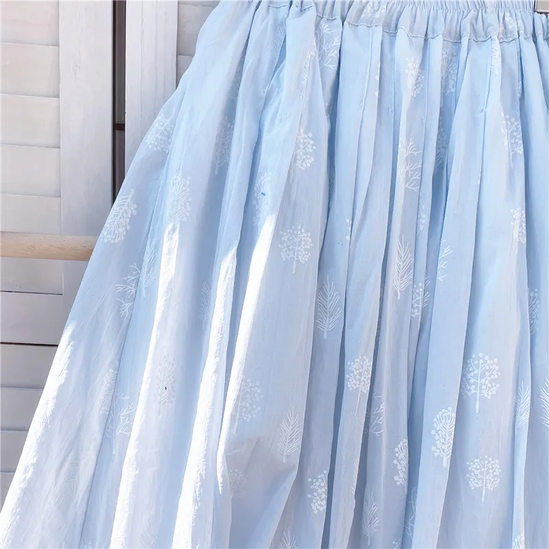 Cotton Linen Blue Midi Pleated Skirt, Fashion Print Skirts For Woman 2026 Summer