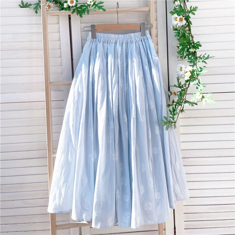 Cotton Linen Blue Midi Pleated Skirt, Fashion Print Skirts For Woman 2026 Summer