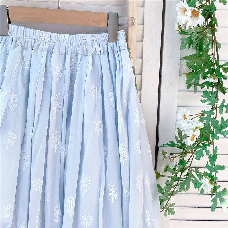 Cotton Linen Blue Midi Pleated Skirt, Fashion Print Skirts For Woman 2026 Summer