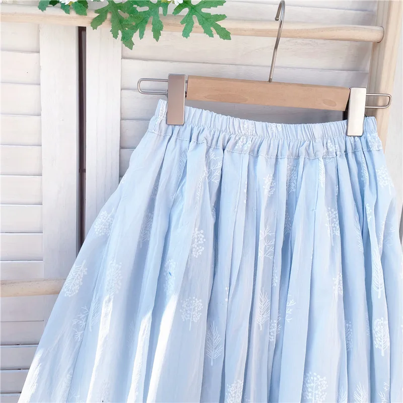 Cotton Linen Blue Midi Pleated Skirt, Fashion Print Skirts For Woman 2026 Summer