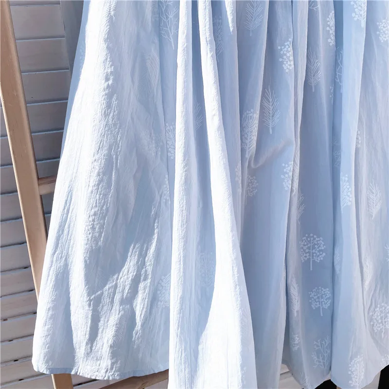 Cotton Linen Blue Midi Pleated Skirt, Fashion Print Skirts For Woman 2026 Summer