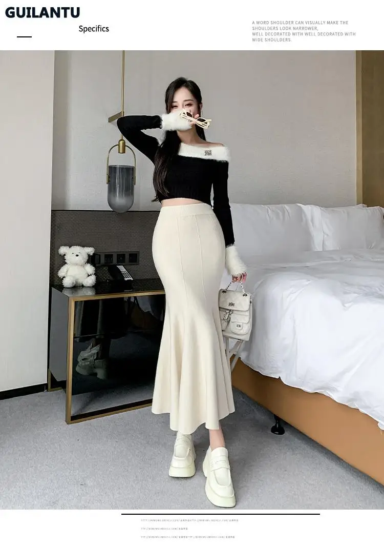 Women Sexy Stylish Long Trumpet/mermaid Skirts 2023 Autumn Thick Knitted Mid-calf Pink Wrap Skirt Elegant Korean Pleated Skirt