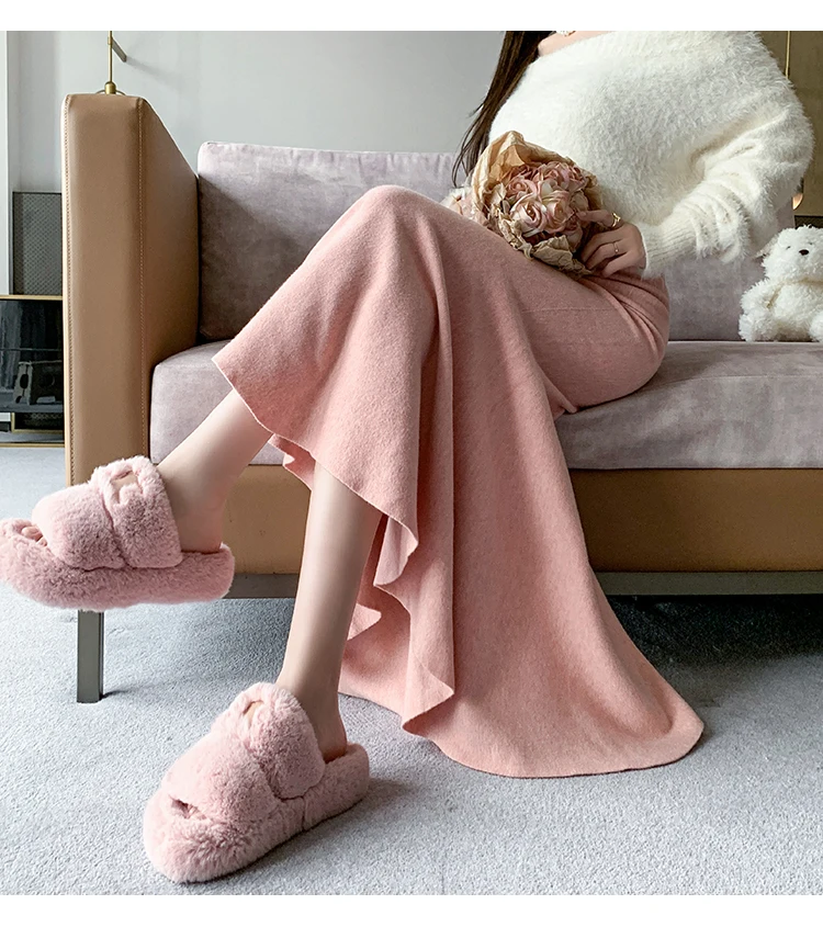 Women Sexy Stylish Long Trumpet/mermaid Skirts 2023 Autumn Thick Knitted Mid-calf Pink Wrap Skirt Elegant Korean Pleated Skirt