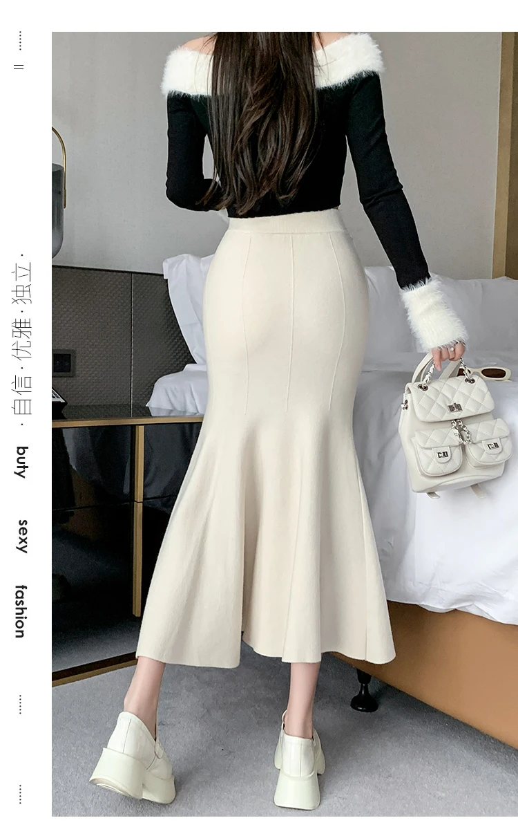 Women Sexy Stylish Long Trumpet/mermaid Skirts 2023 Autumn Thick Knitted Mid-calf Pink Wrap Skirt Elegant Korean Pleated Skirt