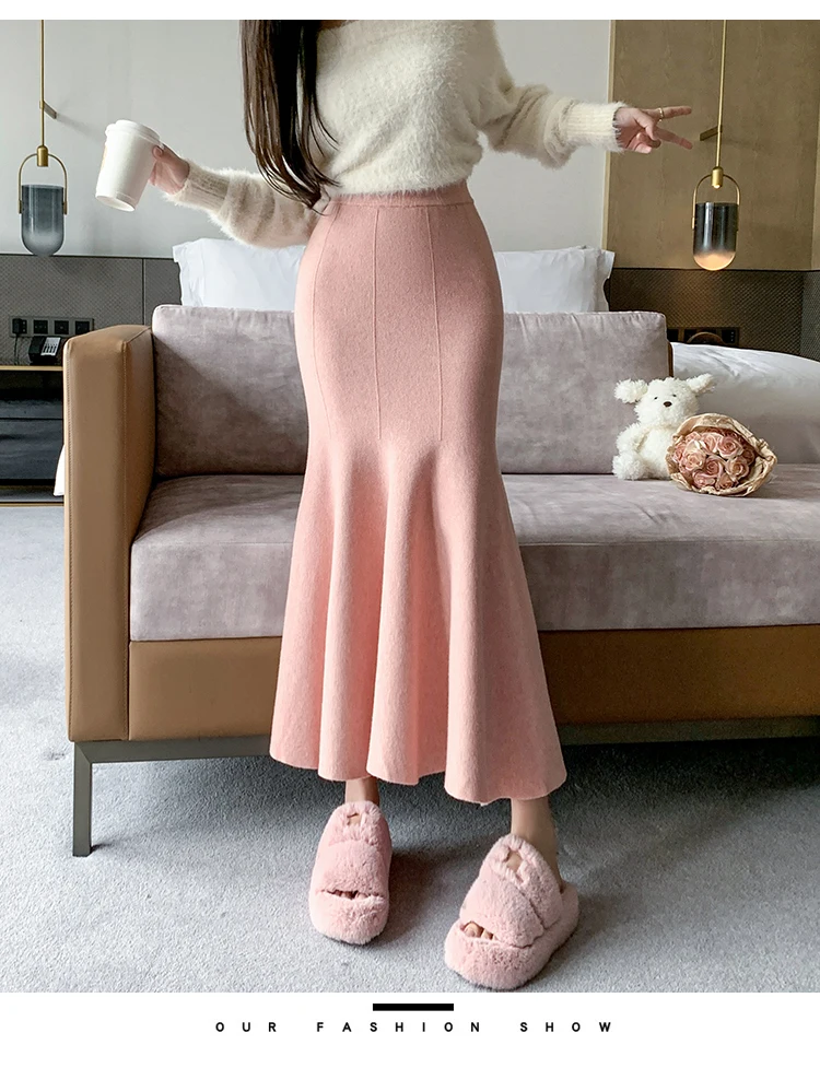 Women Sexy Stylish Long Trumpet/mermaid Skirts 2023 Autumn Thick Knitted Mid-calf Pink Wrap Skirt Elegant Korean Pleated Skirt