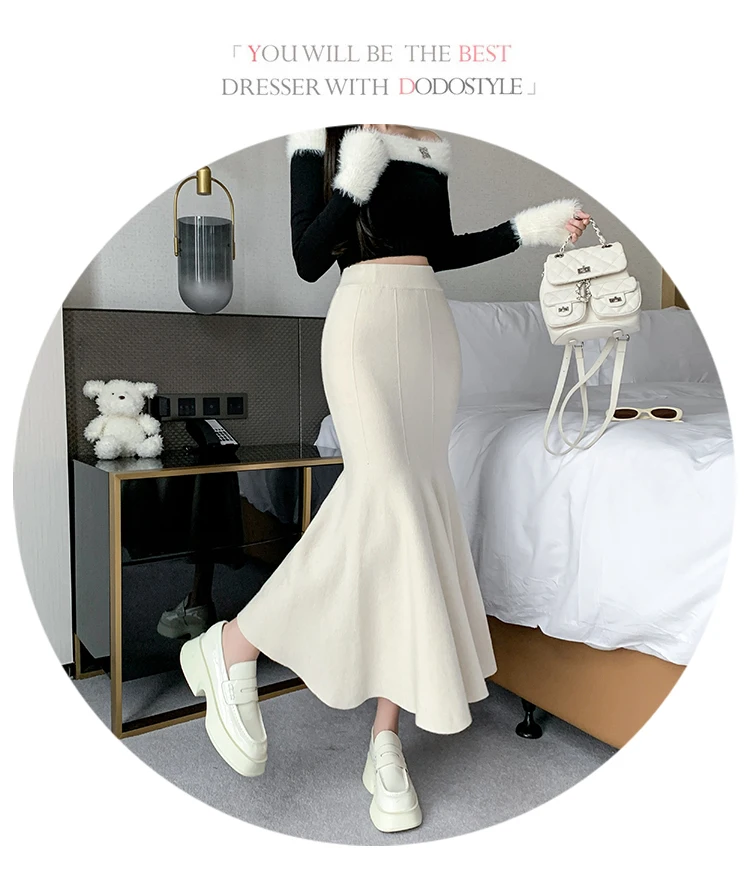 Women Sexy Stylish Long Trumpet/mermaid Skirts 2023 Autumn Thick Knitted Mid-calf Pink Wrap Skirt Elegant Korean Pleated Skirt