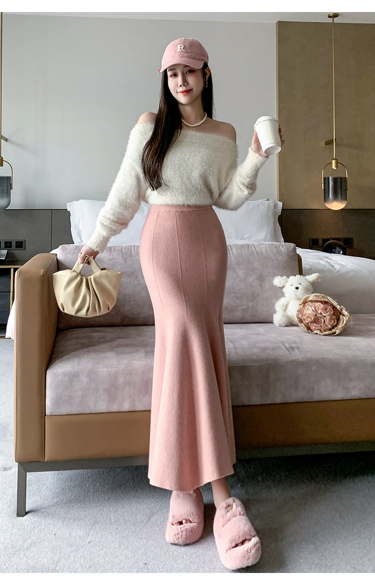 Women Sexy Stylish Long Trumpet/mermaid Skirts 2023 Autumn Thick Knitted Mid-calf Pink Wrap Skirt Elegant Korean Pleated Skirt