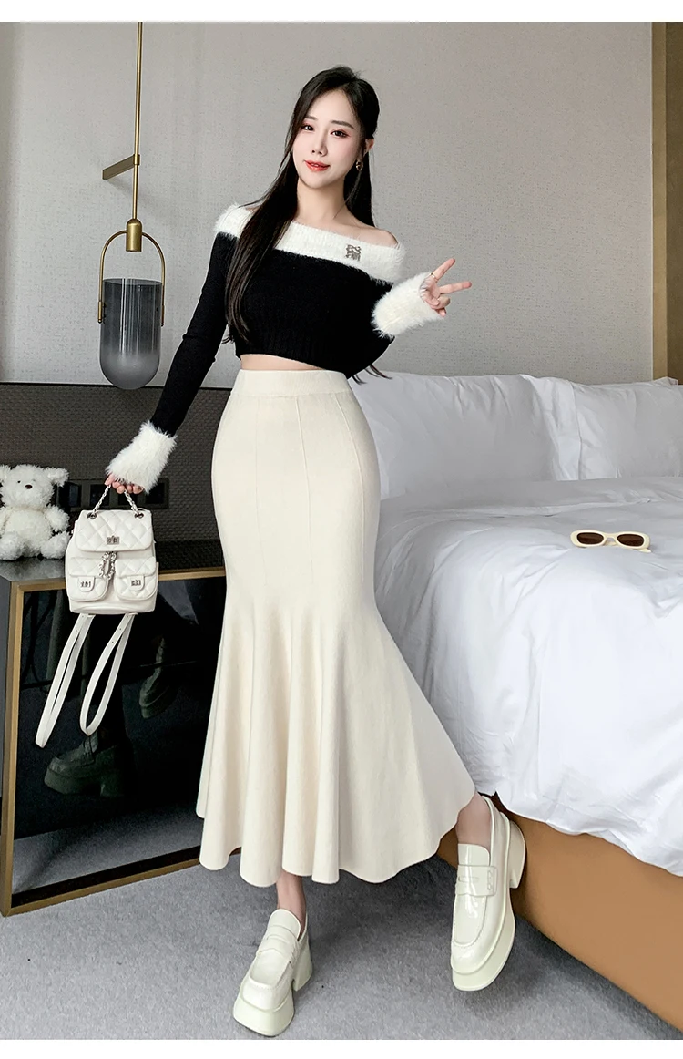 Women Sexy Stylish Long Trumpet/mermaid Skirts 2023 Autumn Thick Knitted Mid-calf Pink Wrap Skirt Elegant Korean Pleated Skirt