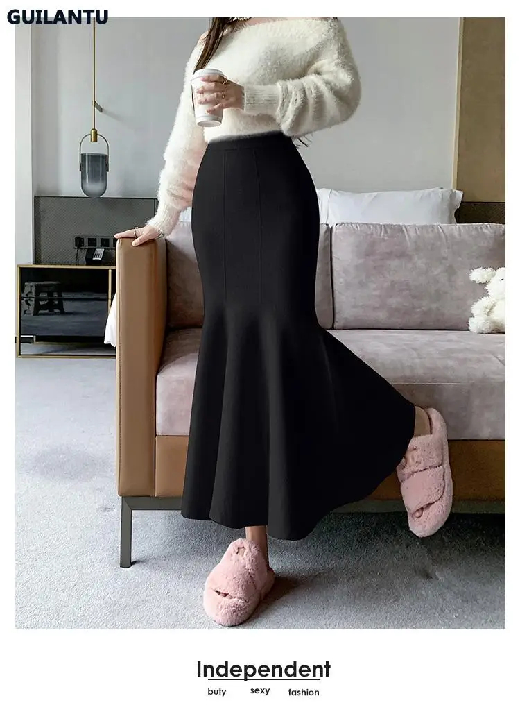Women Sexy Stylish Long Trumpet/mermaid Skirts 2023 Autumn Thick Knitted Mid-calf Pink Wrap Skirt Elegant Korean Pleated Skirt