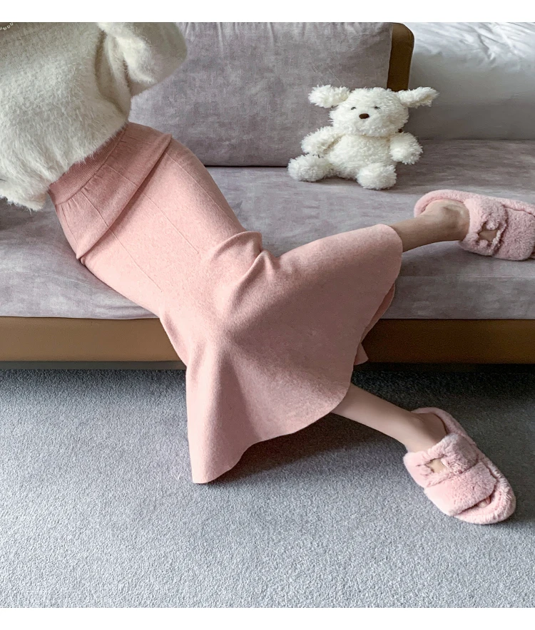 Women Sexy Stylish Long Trumpet/mermaid Skirts 2023 Autumn Thick Knitted Mid-calf Pink Wrap Skirt Elegant Korean Pleated Skirt