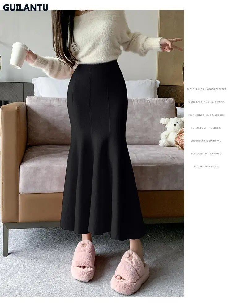 Women Sexy Stylish Long Trumpet/mermaid Skirts 2023 Autumn Thick Knitted Mid-calf Pink Wrap Skirt Elegant Korean Pleated Skirt