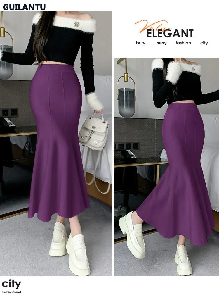 Women Sexy Stylish Long Trumpet/mermaid Skirts 2023 Autumn Thick Knitted Mid-calf Pink Wrap Skirt Elegant Korean Pleated Skirt