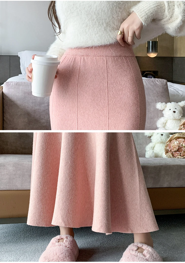 Women Sexy Stylish Long Trumpet/mermaid Skirts 2023 Autumn Thick Knitted Mid-calf Pink Wrap Skirt Elegant Korean Pleated Skirt