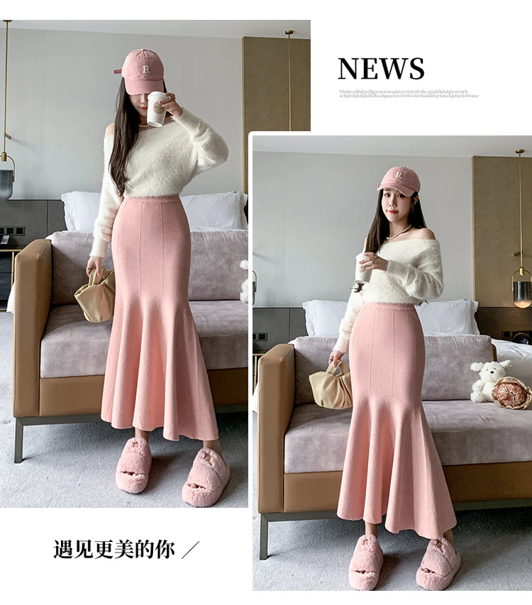Women Sexy Stylish Long Trumpet/mermaid Skirts 2023 Autumn Thick Knitted Mid-calf Pink Wrap Skirt Elegant Korean Pleated Skirt