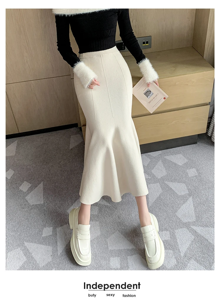 Women Sexy Stylish Long Trumpet/mermaid Skirts 2023 Autumn Thick Knitted Mid-calf Pink Wrap Skirt Elegant Korean Pleated Skirt