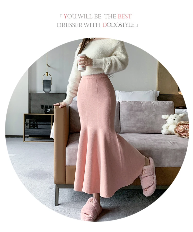 Women Sexy Stylish Long Trumpet/mermaid Skirts 2023 Autumn Thick Knitted Mid-calf Pink Wrap Skirt Elegant Korean Pleated Skirt