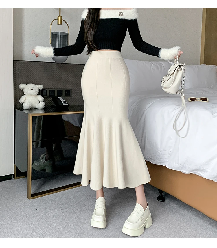 Women Sexy Stylish Long Trumpet/mermaid Skirts 2023 Autumn Thick Knitted Mid-calf Pink Wrap Skirt Elegant Korean Pleated Skirt