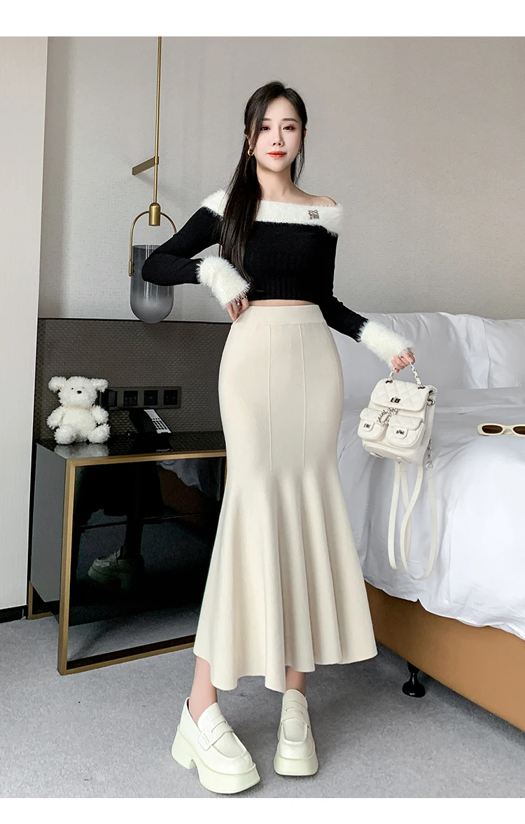 Women Sexy Stylish Long Trumpet/mermaid Skirts 2023 Autumn Thick Knitted Mid-calf Pink Wrap Skirt Elegant Korean Pleated Skirt