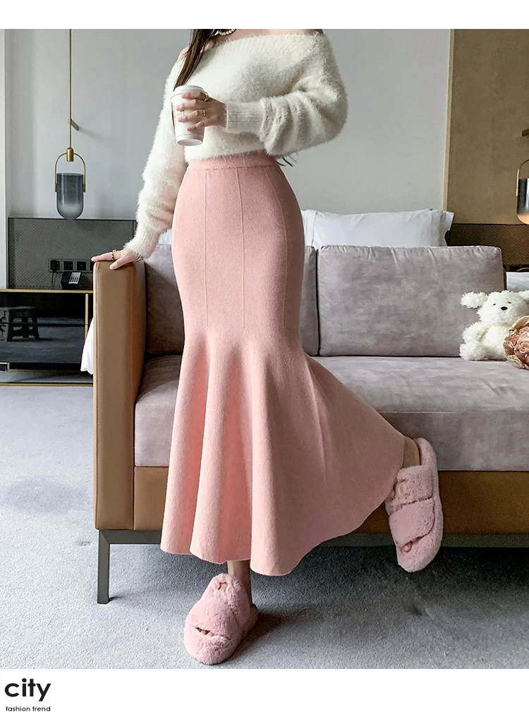 Women Sexy Stylish Long Trumpet/mermaid Skirts 2023 Autumn Thick Knitted Mid-calf Pink Wrap Skirt Elegant Korean Pleated Skirt