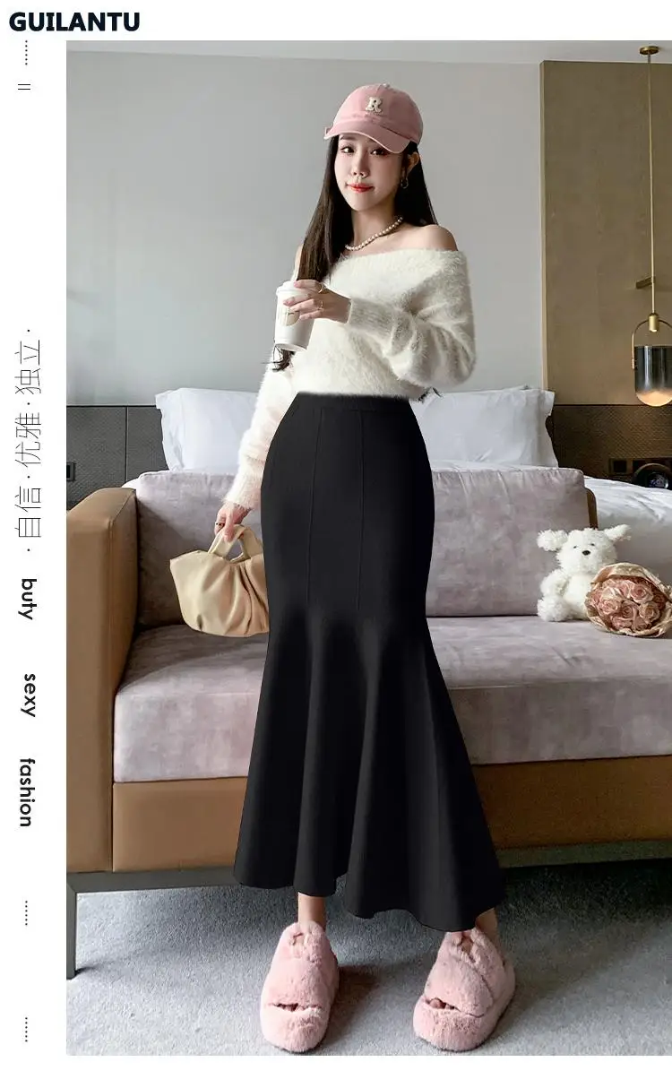 Women Sexy Stylish Long Trumpet/mermaid Skirts 2023 Autumn Thick Knitted Mid-calf Pink Wrap Skirt Elegant Korean Pleated Skirt