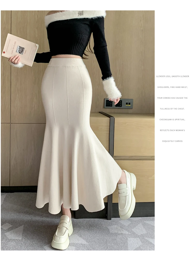 Women Sexy Stylish Long Trumpet/mermaid Skirts 2023 Autumn Thick Knitted Mid-calf Pink Wrap Skirt Elegant Korean Pleated Skirt