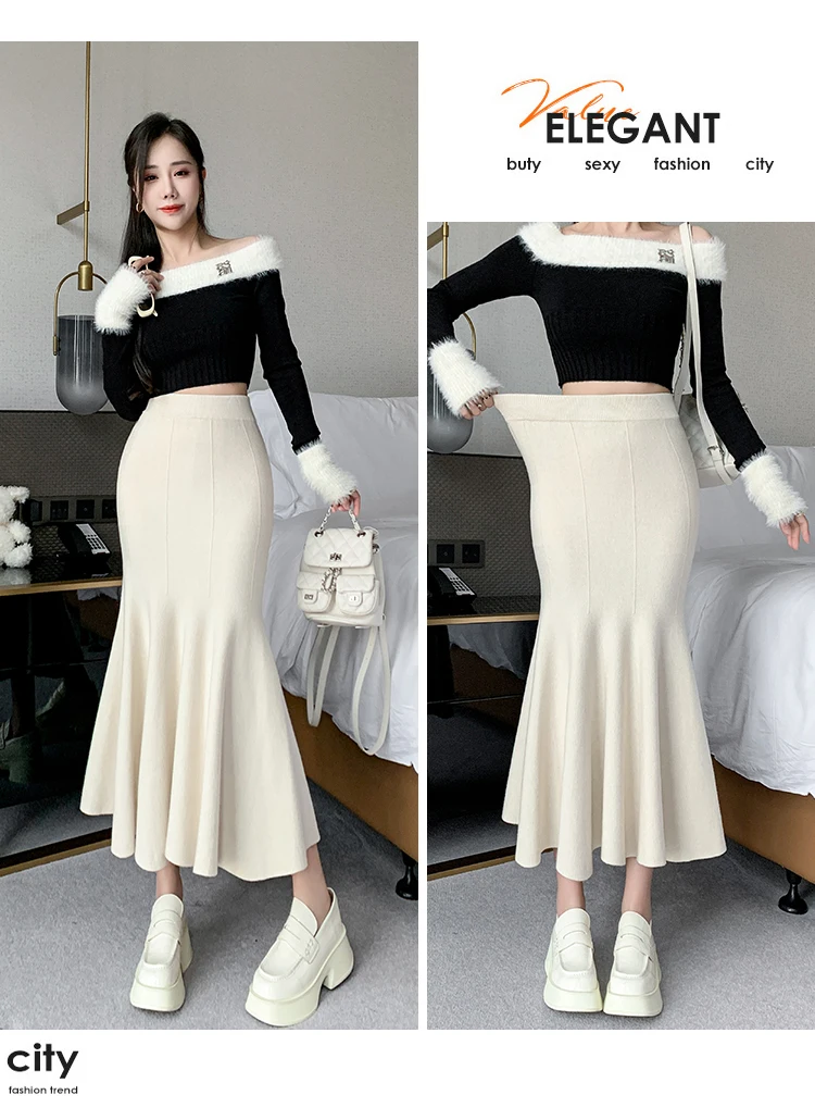 Women Sexy Stylish Long Trumpet/mermaid Skirts 2023 Autumn Thick Knitted Mid-calf Pink Wrap Skirt Elegant Korean Pleated Skirt