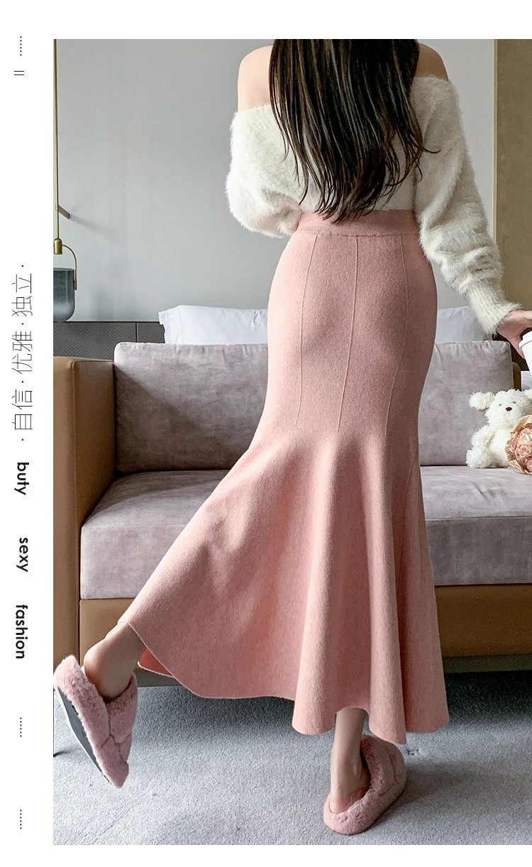 Women Sexy Stylish Long Trumpet/mermaid Skirts 2023 Autumn Thick Knitted Mid-calf Pink Wrap Skirt Elegant Korean Pleated Skirt