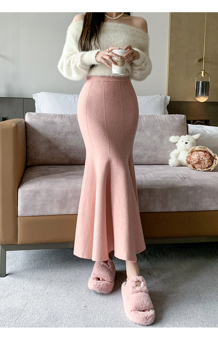 Women Sexy Stylish Long Trumpet/mermaid Skirts 2023 Autumn Thick Knitted Mid-calf Pink Wrap Skirt Elegant Korean Pleated Skirt