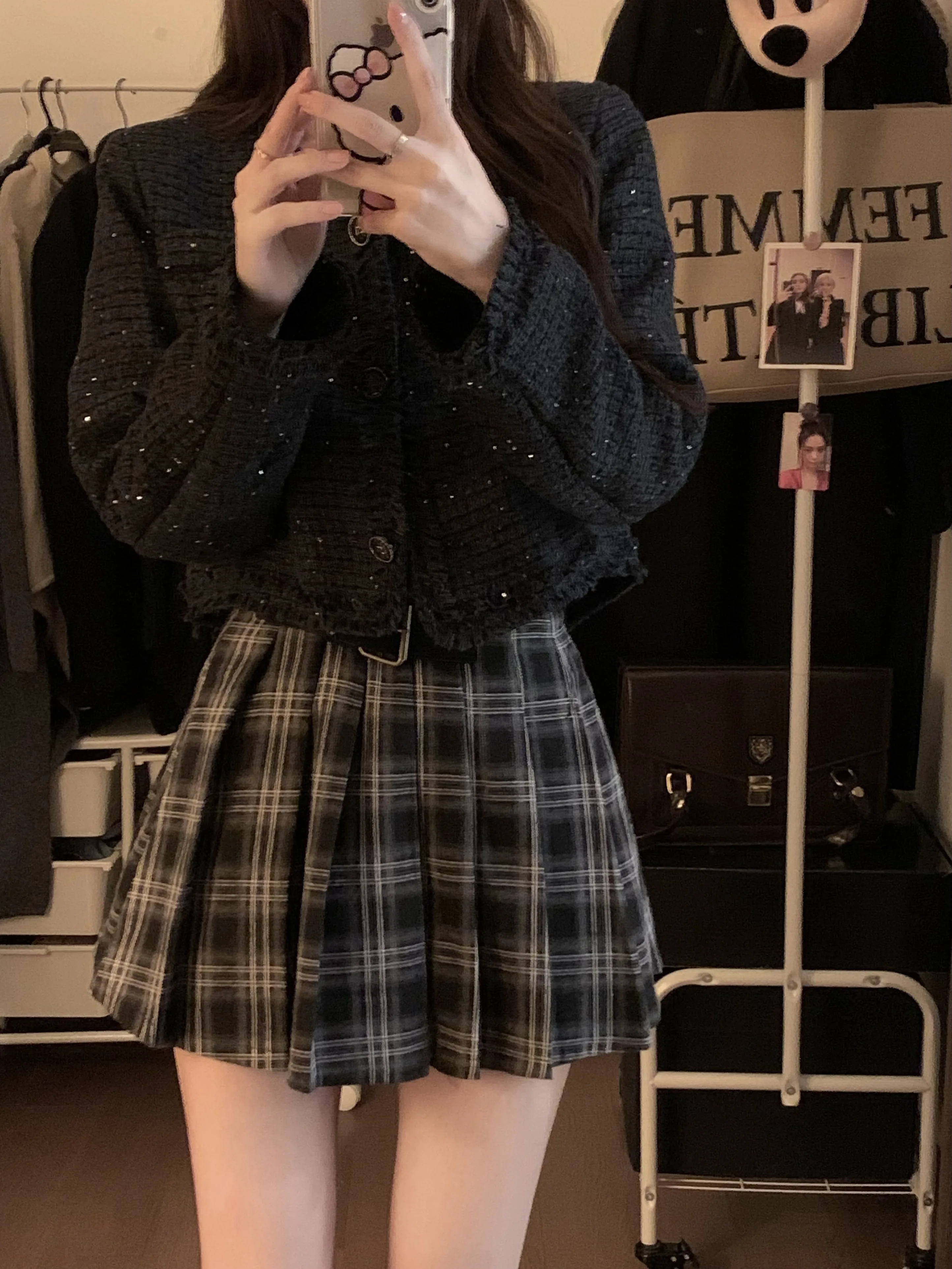 Japanese Preppy Style Spring Autumn Women Brown Black Plaid Mini Pleated Skirt