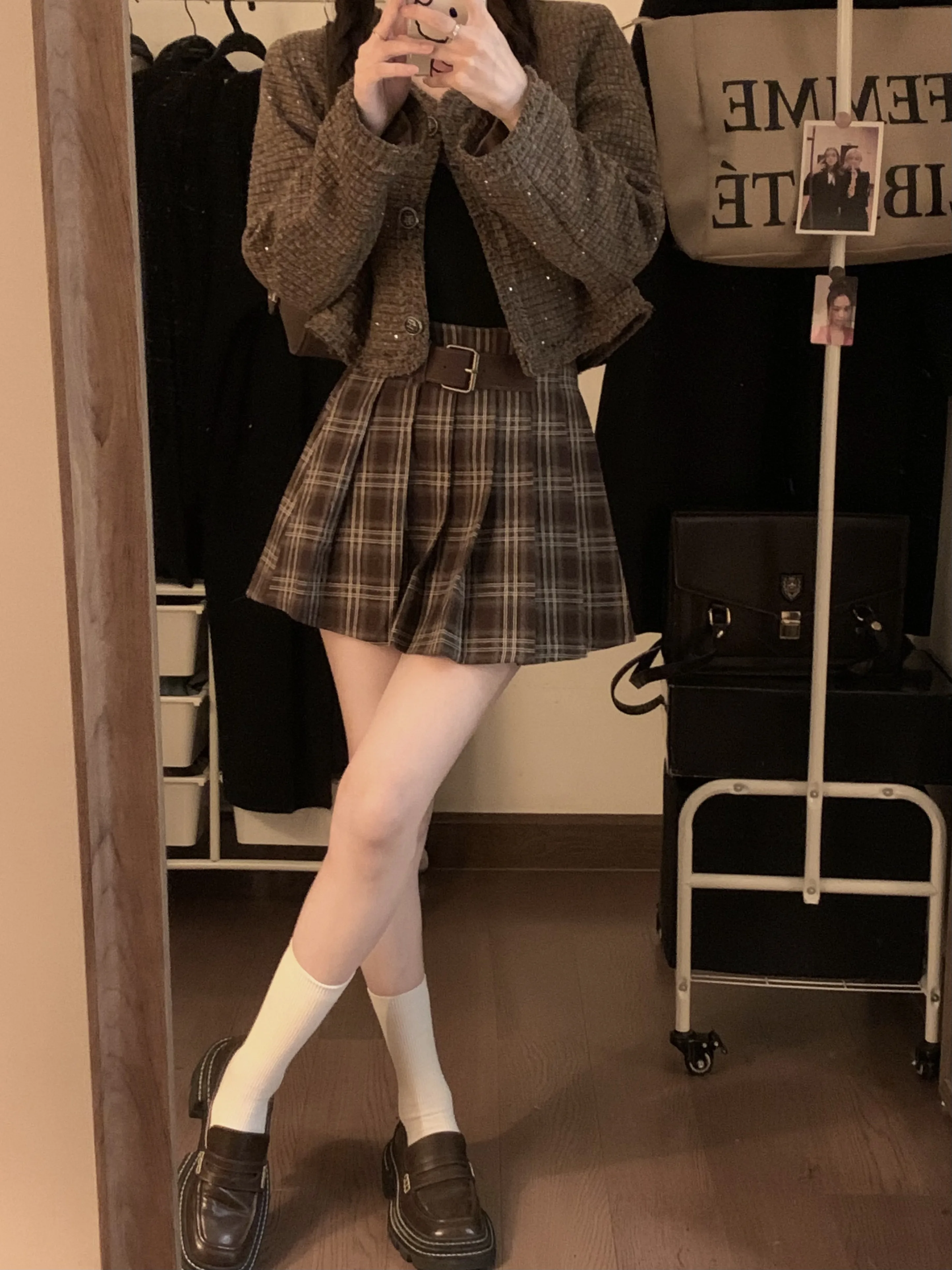 Japanese Preppy Style Spring Autumn Women Brown Black Plaid Mini Pleated Skirt