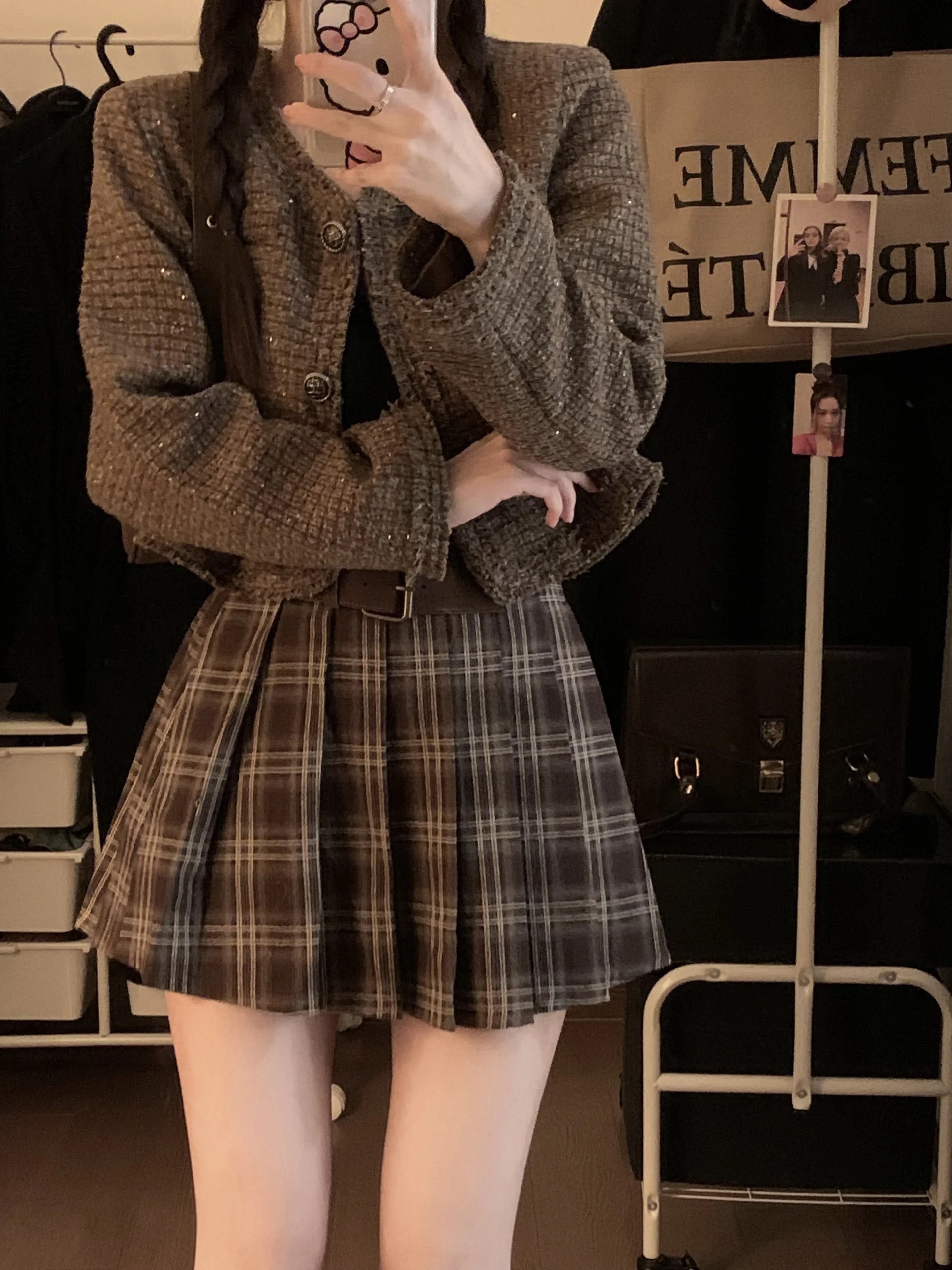 Japanese Preppy Style Spring Autumn Women Brown Black Plaid Mini Pleated Skirt