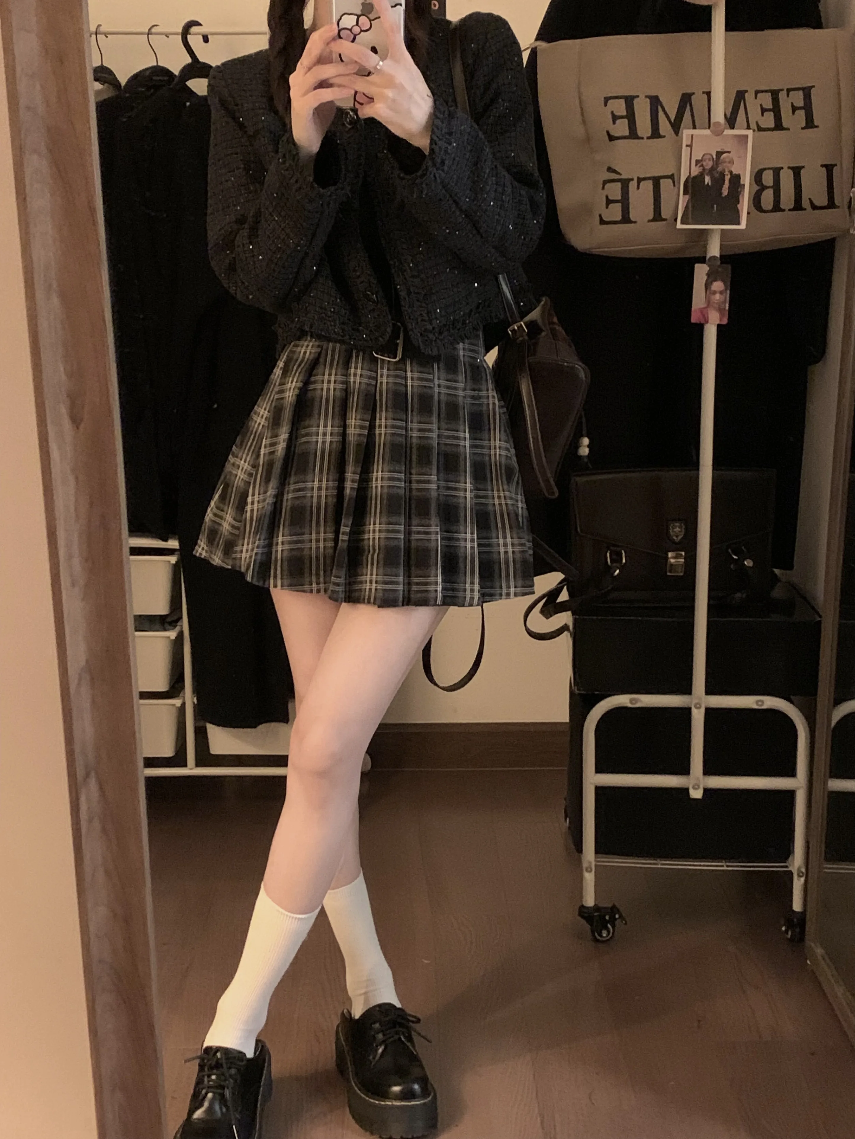 Japanese Preppy Style Spring Autumn Women Brown Black Plaid Mini Pleated Skirt