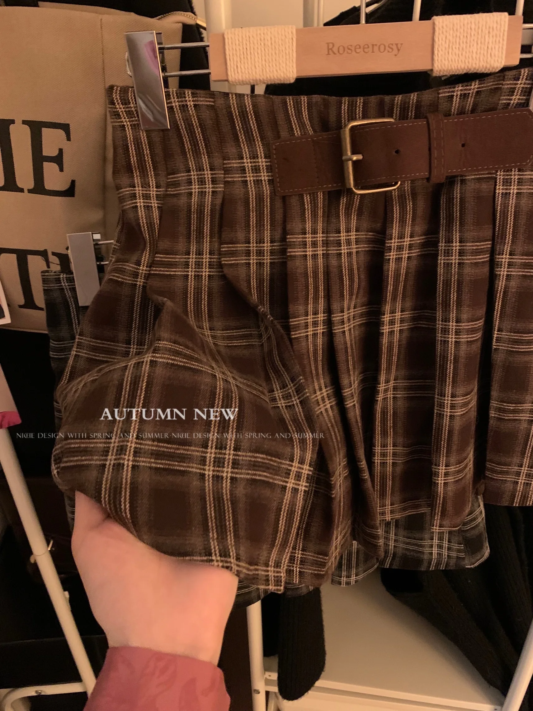 Japanese Preppy Style Spring Autumn Women Brown Black Plaid Mini Pleated Skirt