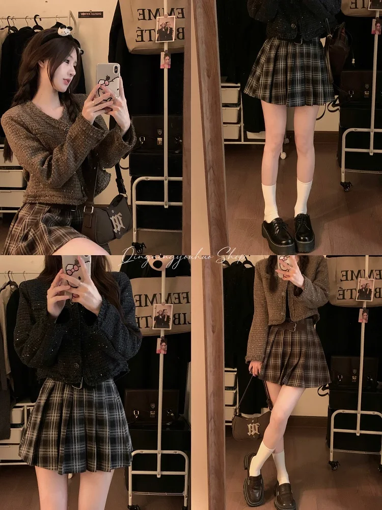 Japanese Preppy Style Spring Autumn Women Brown Black Plaid Mini Pleated Skirt