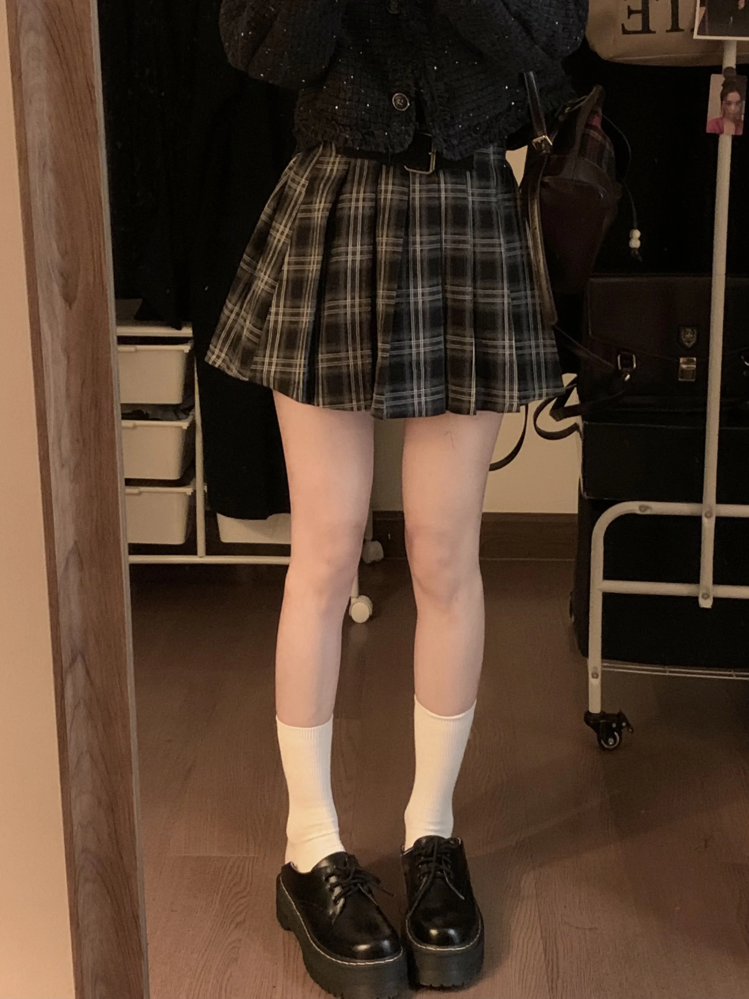 Japanese Preppy Style Spring Autumn Women Brown Black Plaid Mini Pleated Skirt