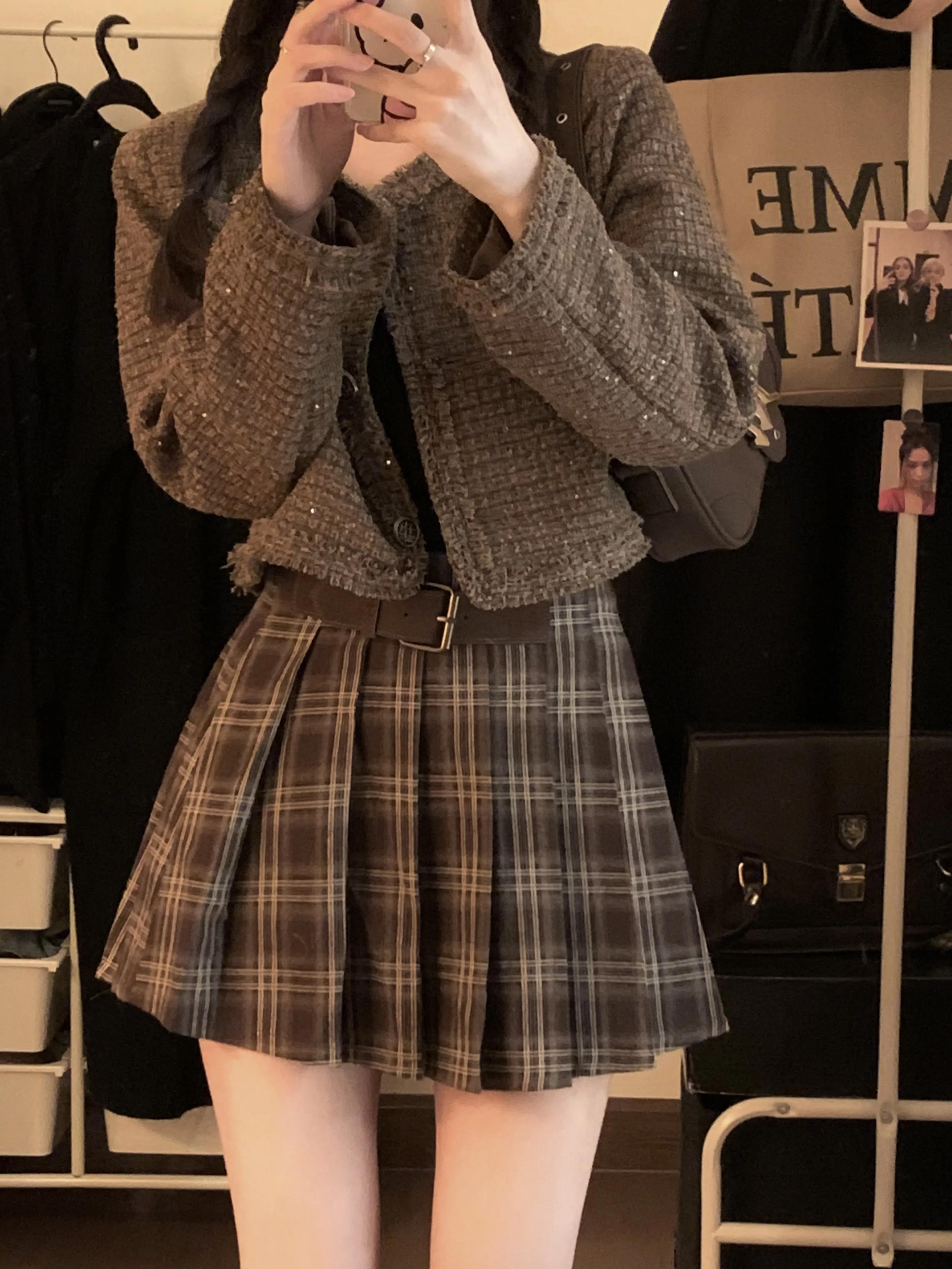 Japanese Preppy Style Spring Autumn Women Brown Black Plaid Mini Pleated Skirt