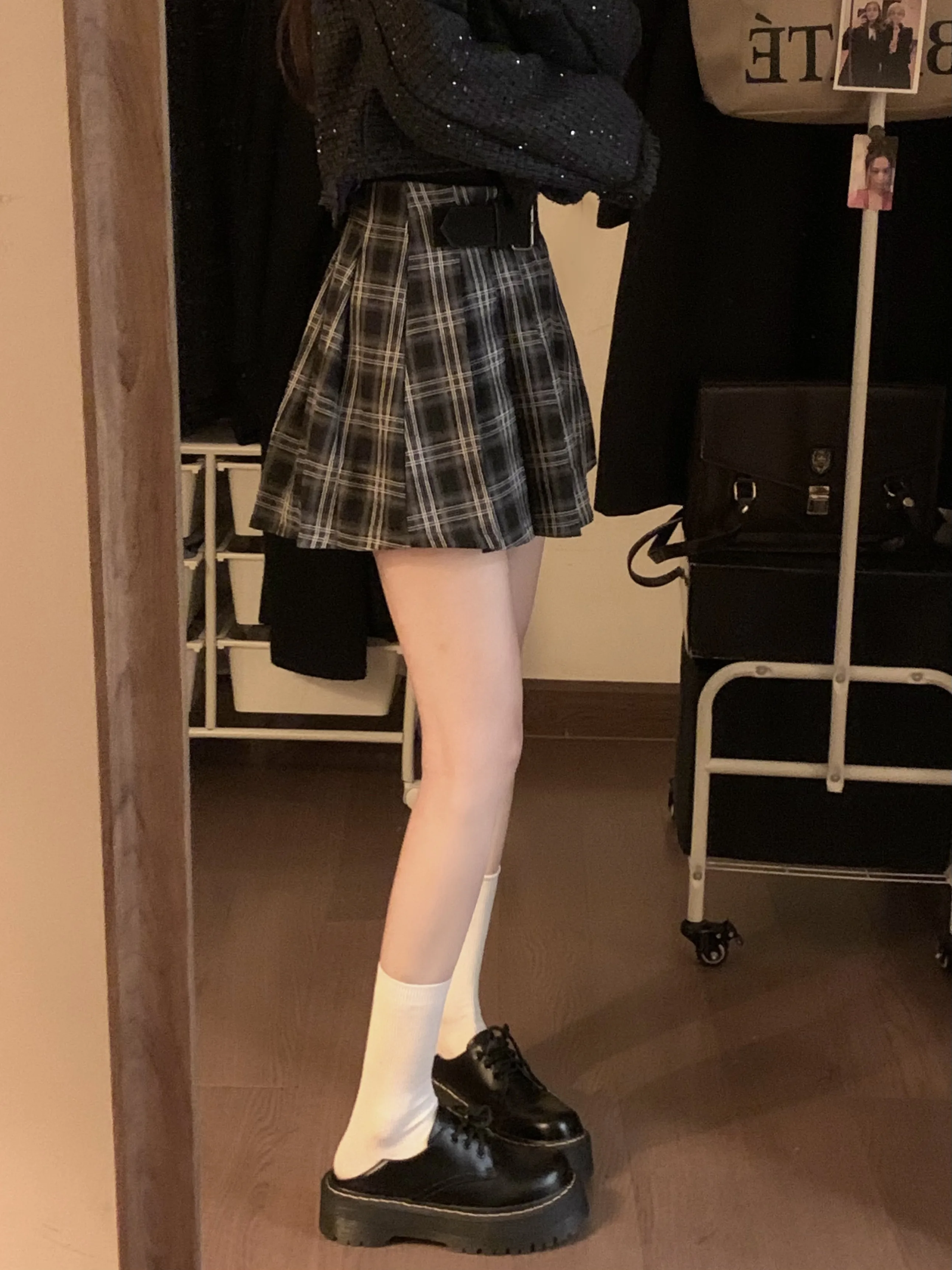 Japanese Preppy Style Spring Autumn Women Brown Black Plaid Mini Pleated Skirt