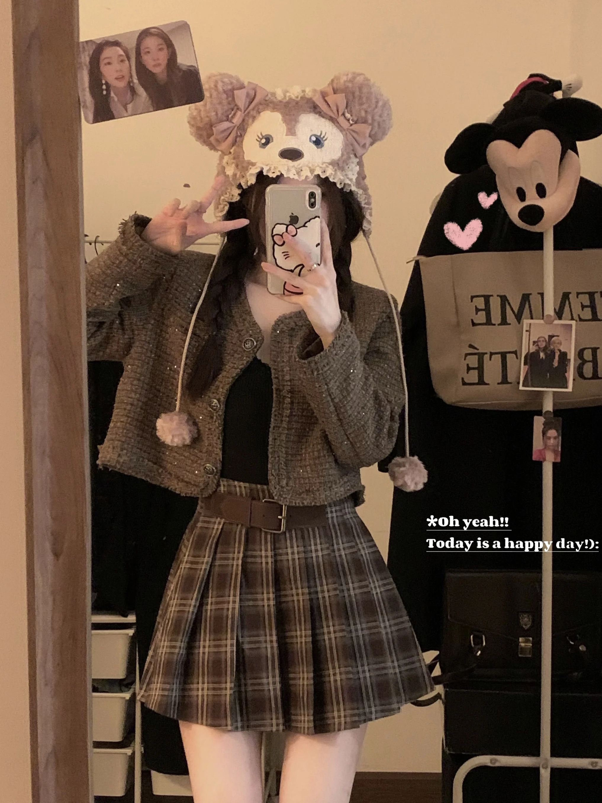 Japanese Preppy Style Spring Autumn Women Brown Black Plaid Mini Pleated Skirt