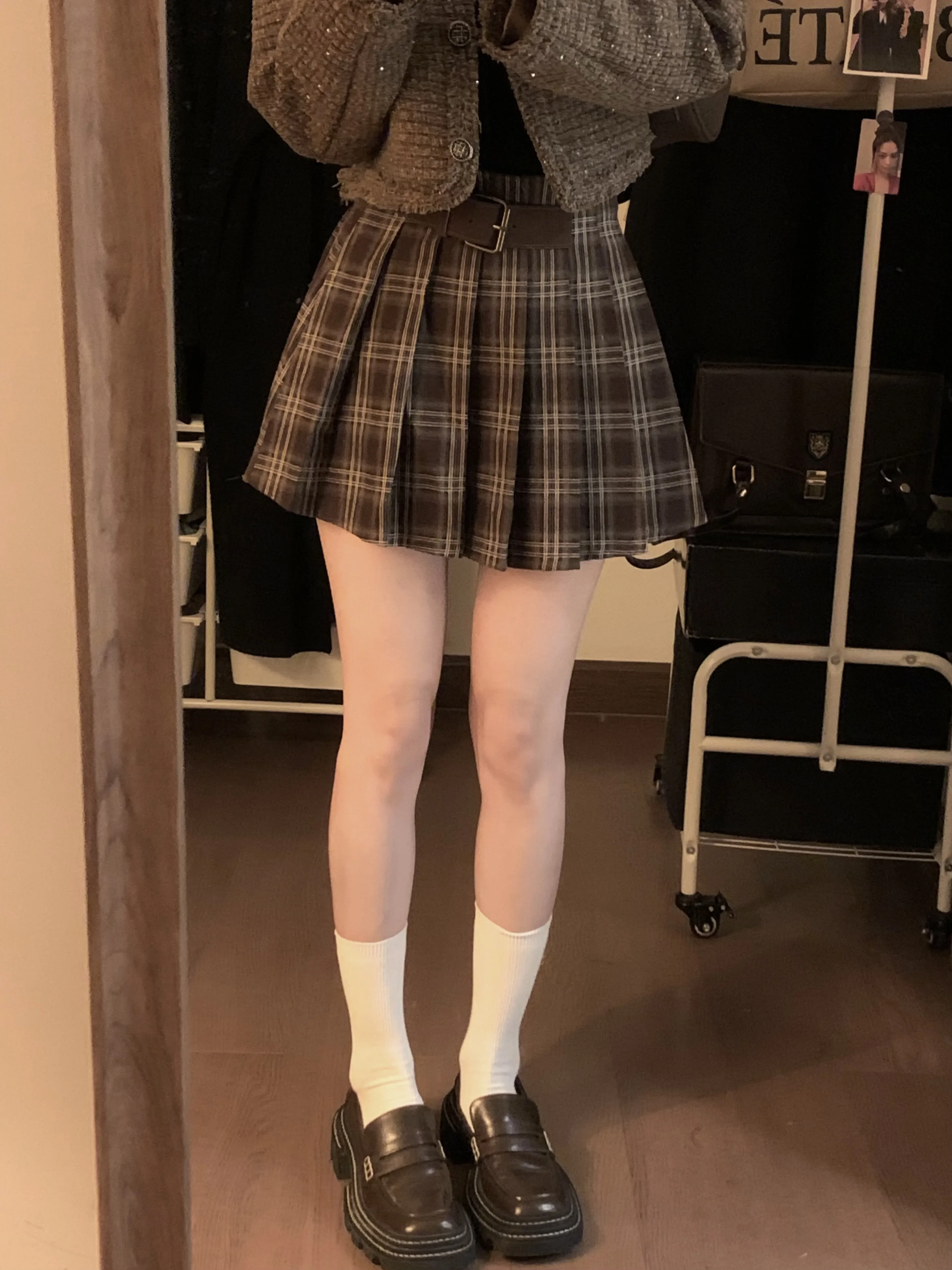 Japanese Preppy Style Spring Autumn Women Brown Black Plaid Mini Pleated Skirt