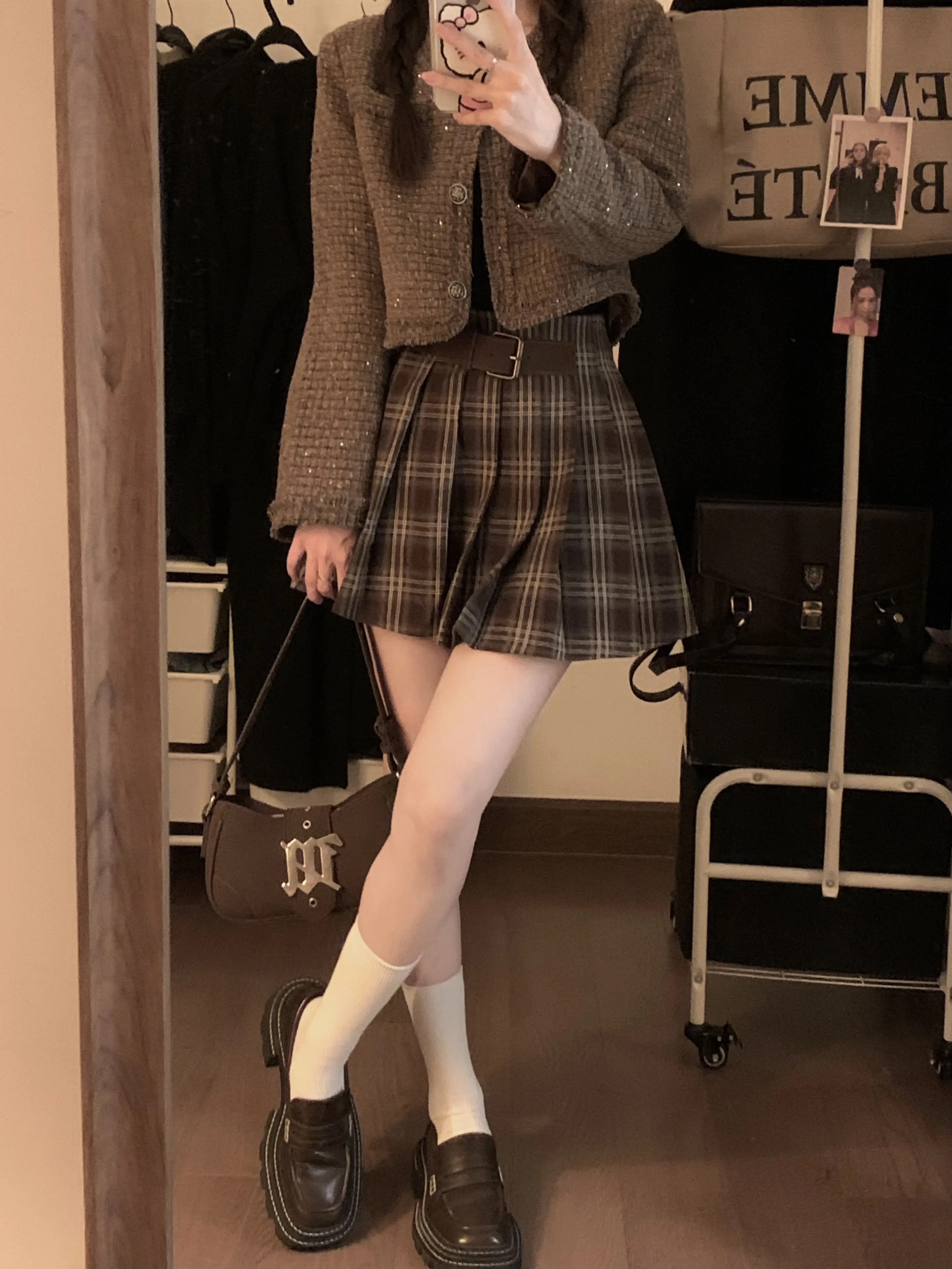 Japanese Preppy Style Spring Autumn Women Brown Black Plaid Mini Pleated Skirt