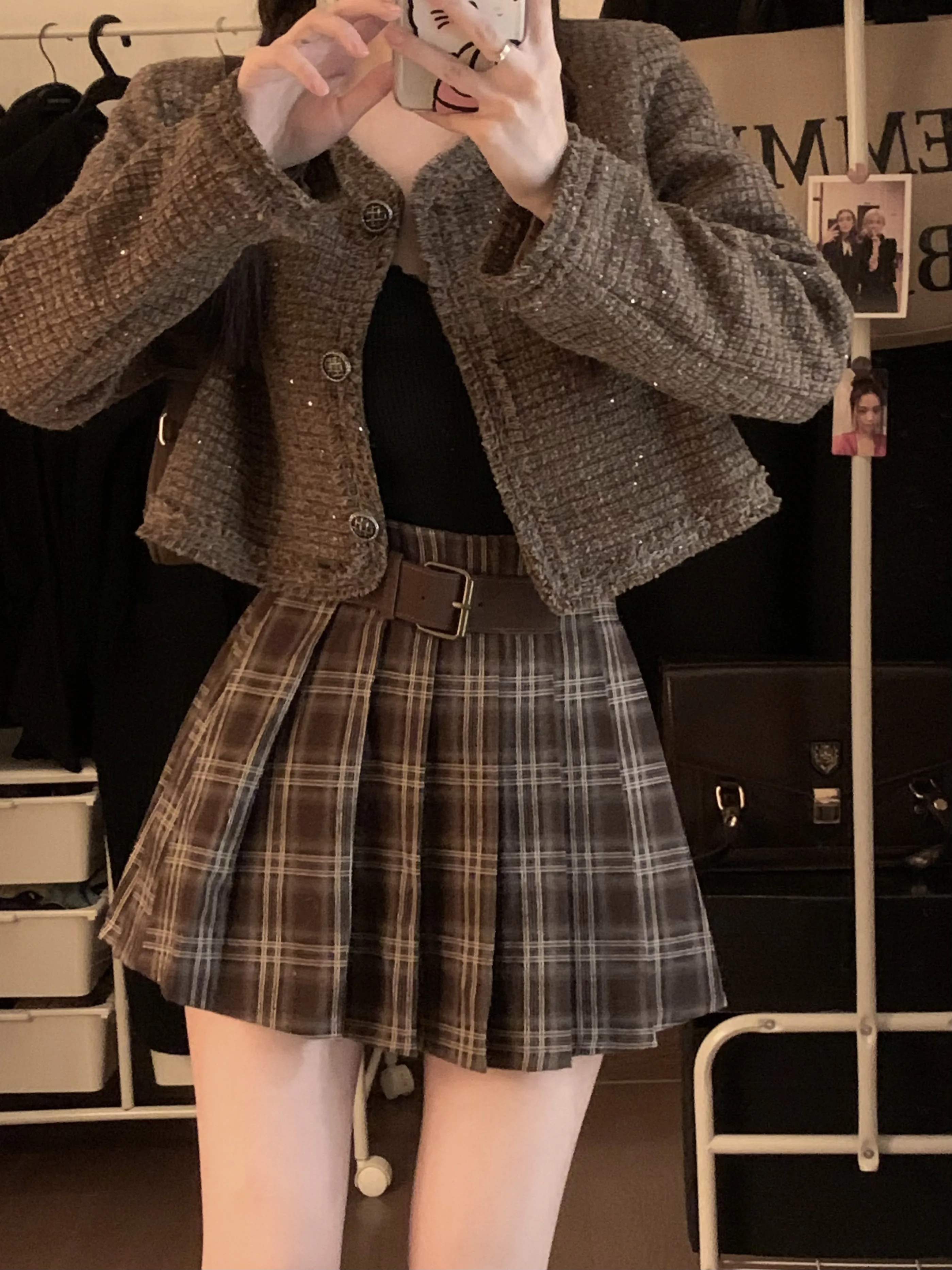 Japanese Preppy Style Spring Autumn Women Brown Black Plaid Mini Pleated Skirt