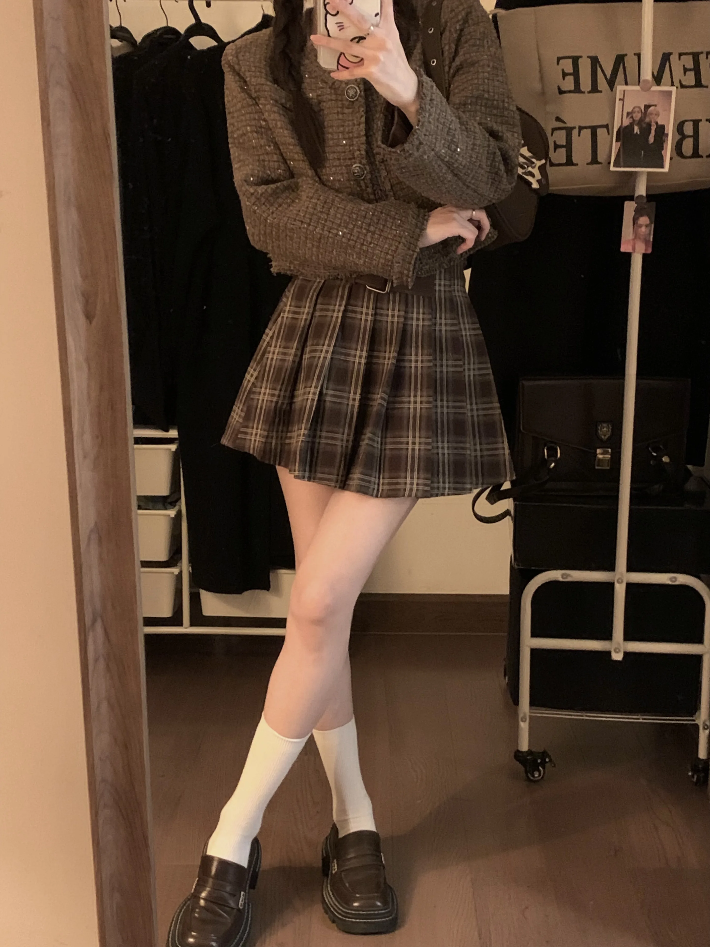 Japanese Preppy Style Spring Autumn Women Brown Black Plaid Mini Pleated Skirt