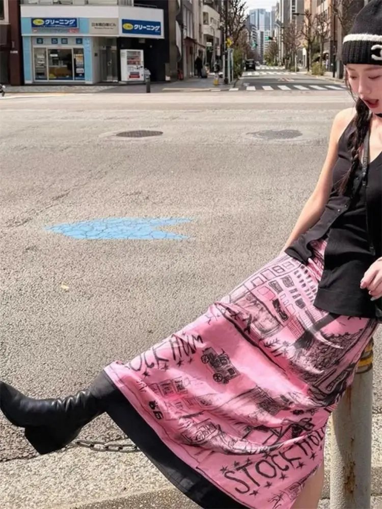 Aoaiiys Korean Skirt Women Graffiti Print Pattern Pink Skirts 2026 Fashion High Waisted Slit Cut A-Line Skirts Spring Summer New